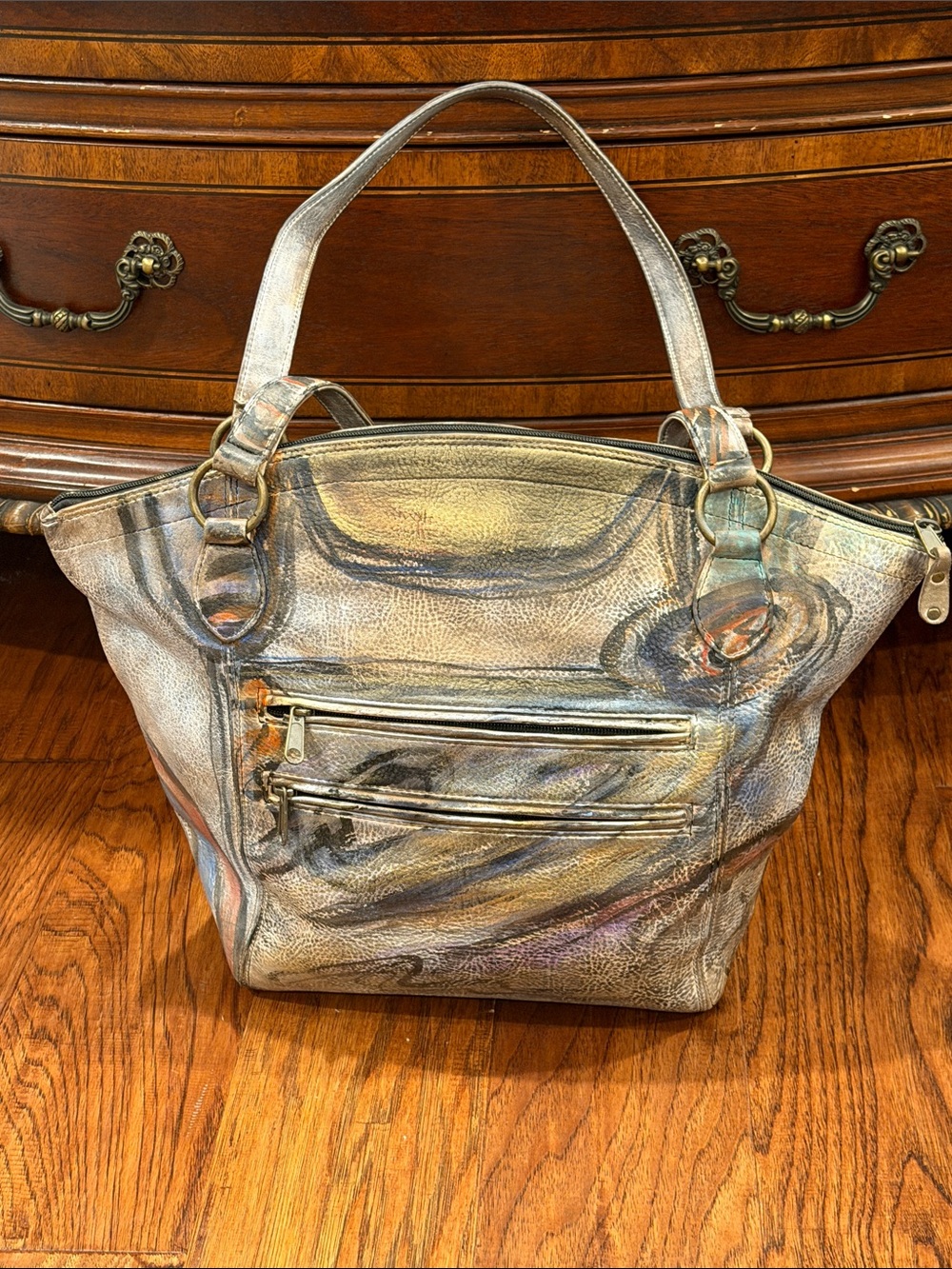 Jane Yoo Iridescent Silver Multi-Tone Tote Bag with Dual Front Zips